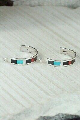 Multi Stone Inlay & Sterling Silver Hoop Earrings - Robin Chavez - High Lonesome Trading