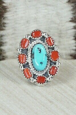 Turquoise & Coral Sterling Silver Ring - Roberta Begay - Size 6.5