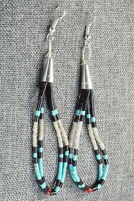 Turquoise, Shell, Jet & Sterling Silver Earrings - Esquipula Tenorio