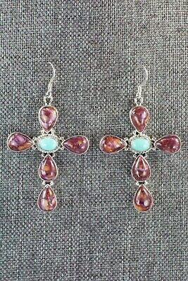 Spiny Oyster, Turquoise & Sterling Silver Cross Earrings - Navajo - High Lonesome Trading