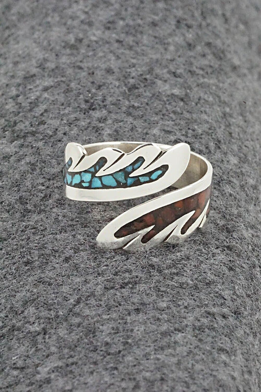 Turquoise, Coral & Sterling Silver Ring - Jolene Yazzie - Size 9.75