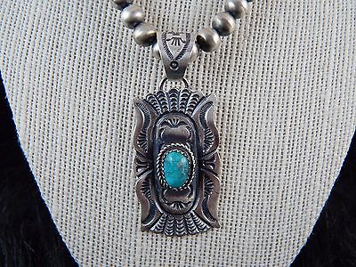Navajo Sterling Silver Necklace w/ Sterling Silver & Turquoise Pendant - Kevin Billah - High Lonesome Trading