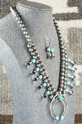 Turquoise & Sterling Silver Squash Blossom and Earrings - Leon Kirlie