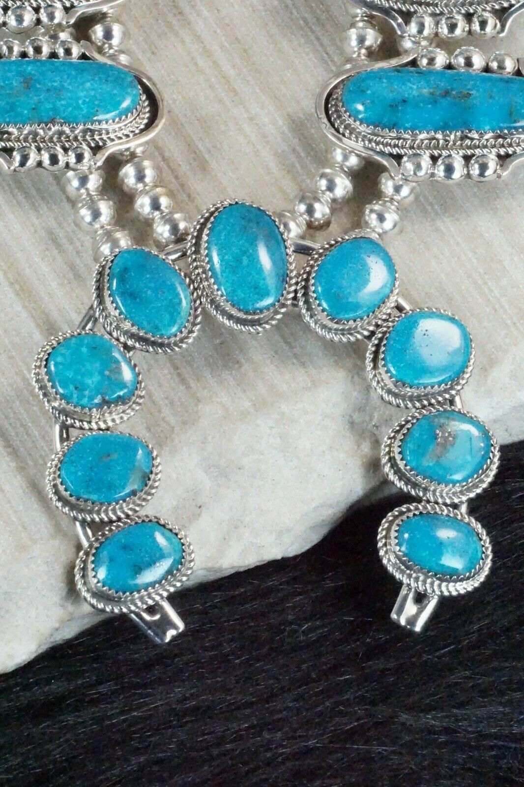 Turquoise & Sterling Silver Squash Blossom Necklace and Earrings - Leslie Nez