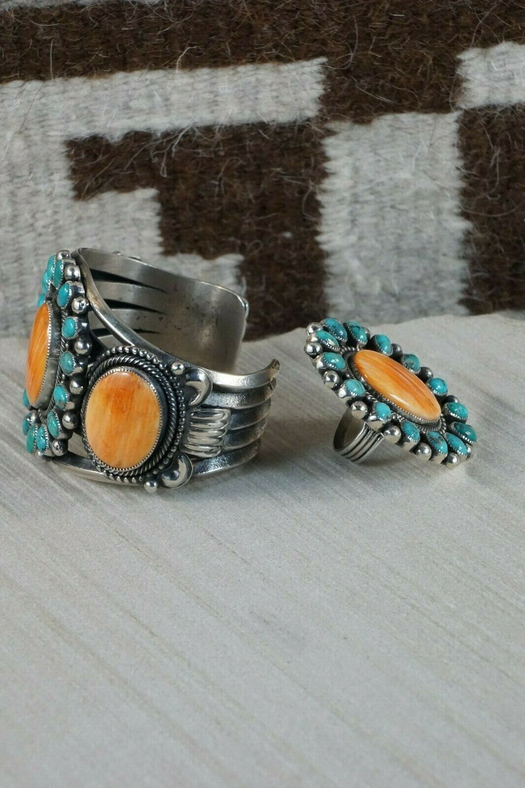 Navajo Spiny Oyster & Sterling Silver Bracelet and Ring - Myron Etsitty - High Lonesome Trading