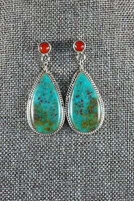 Navajo Turquoise and Coral Sterling Silver Earrings - Judy Largo