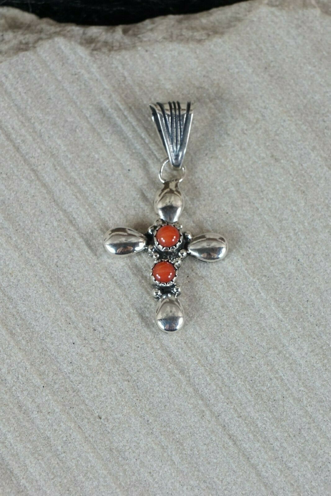 Navajo 2 Stone Coral and Sterling Silver Cross Pendant - Wendell Jake - High Lonesome Trading