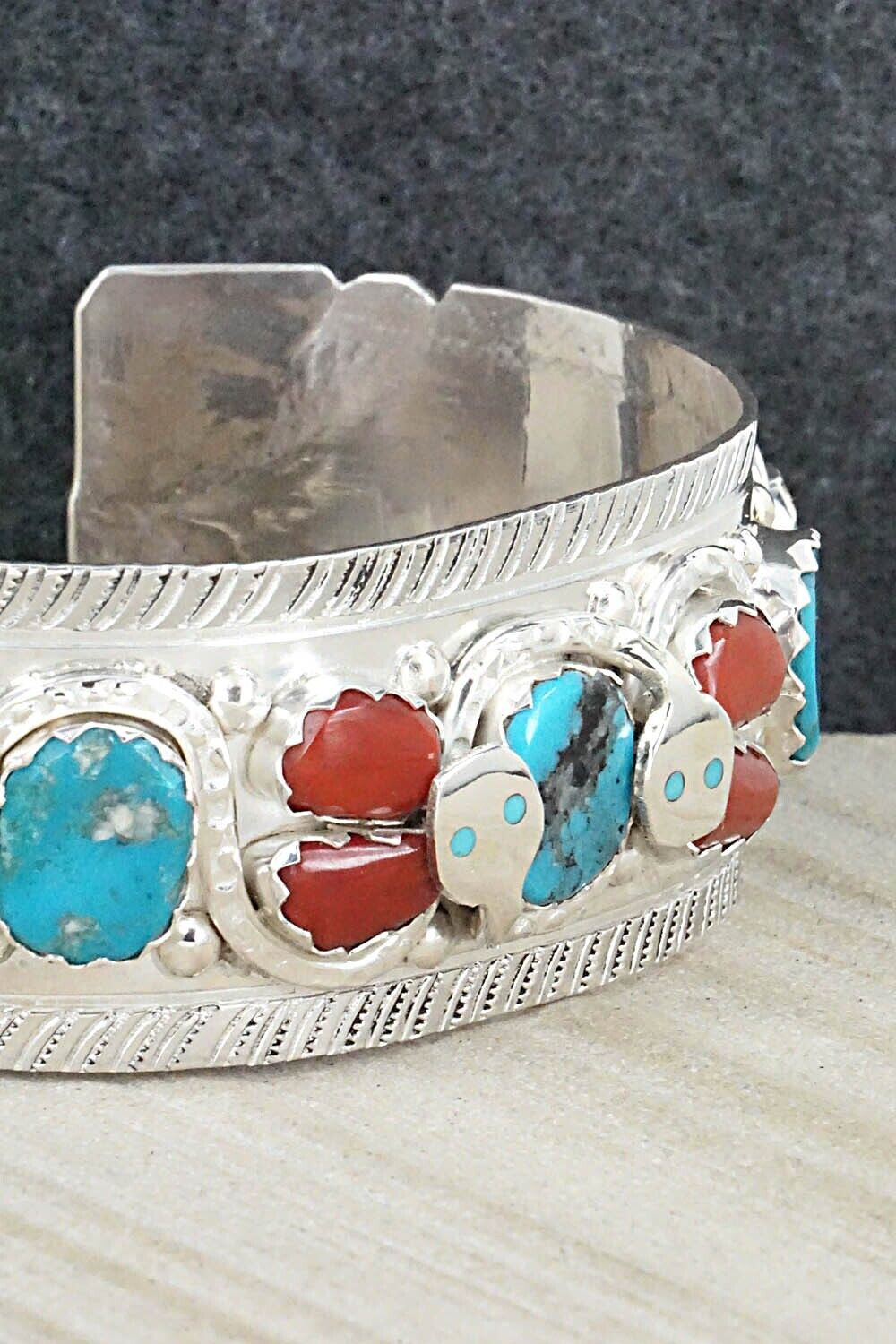 Turquoise, Coral & Sterling Silver Bracelet - Joy Calavaza