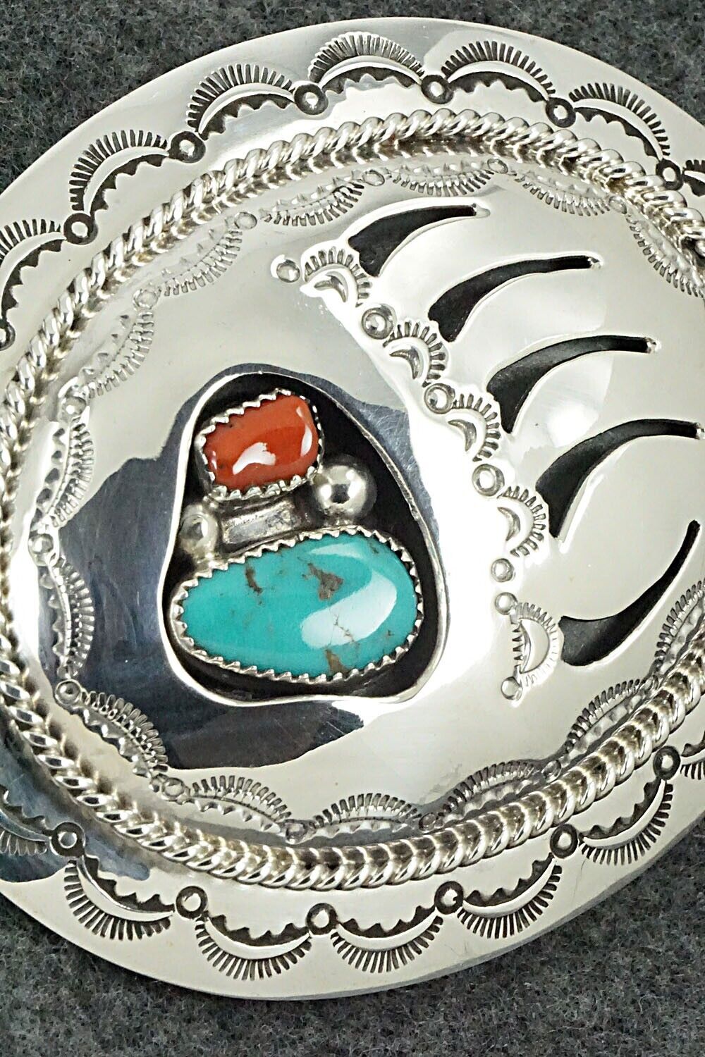 Turquoise, Coral & Sterling Silver Belt Buckle - Wilbert Muskett Sr.