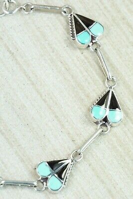Turquoise, Onyx & Sterling Silver Heart Link Bracelet - Velda Nastacio