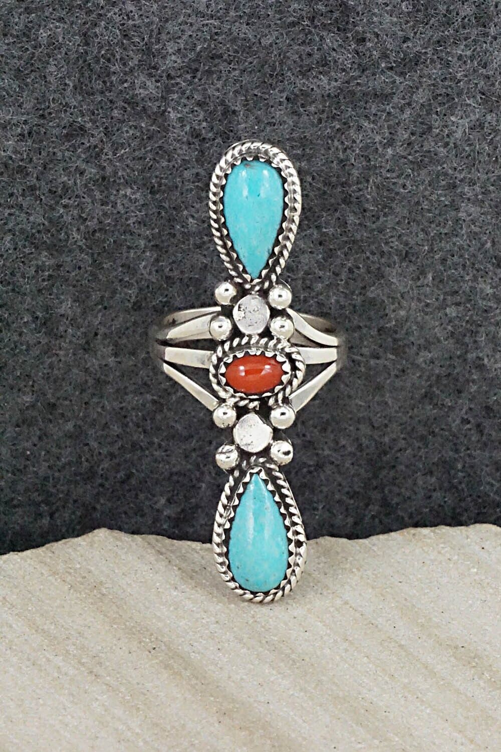 Turquoise, Coral & Sterling Silver Ring - Andrew Vandever - Size 6.5