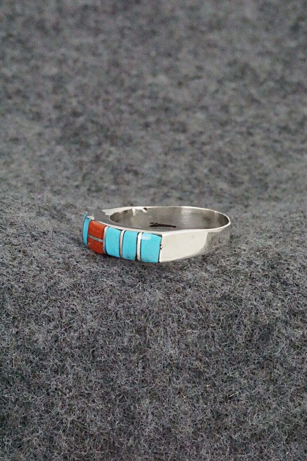 Turquoise, Coral & Sterling Silver Inlay Ring - Verna Kanesta - Size 8