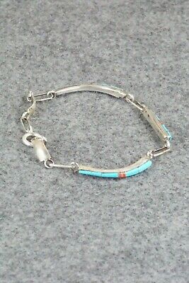 Turquoise & Coral Sterling Silver Bracelet - Roland Natachu
