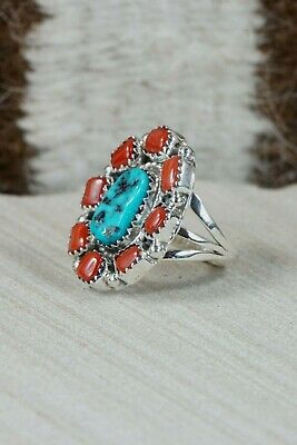 Navajo Turquoise, Coral & Sterling Silver Ring - Roberta Begay - Size 6.25