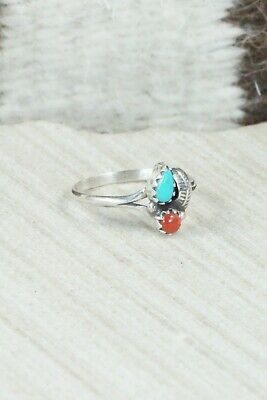 Turquoise & Coral Sterling Silver Ring - Betty Hawthorne - Size 6.25