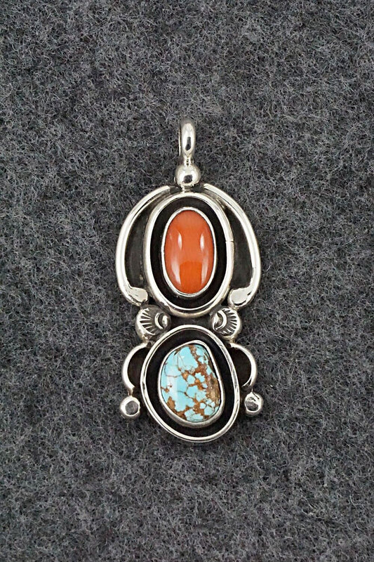 Turquoise, Coral & Sterling Silver Pendant - Roger Lewis