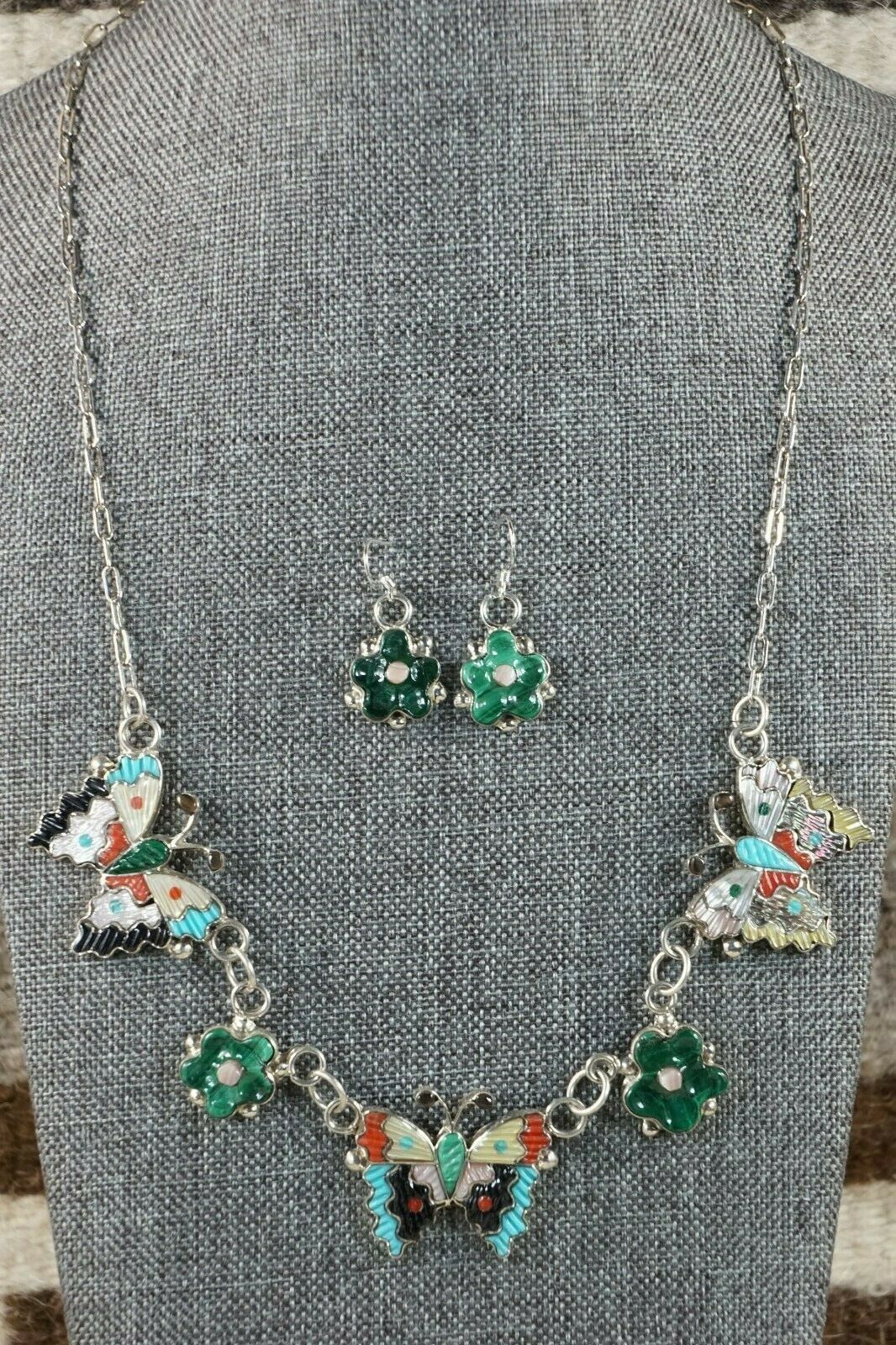 Zuni Inlay Butterfly and Flower Necklace and Earrings - Tamara Pinto - High Lonesome Trading