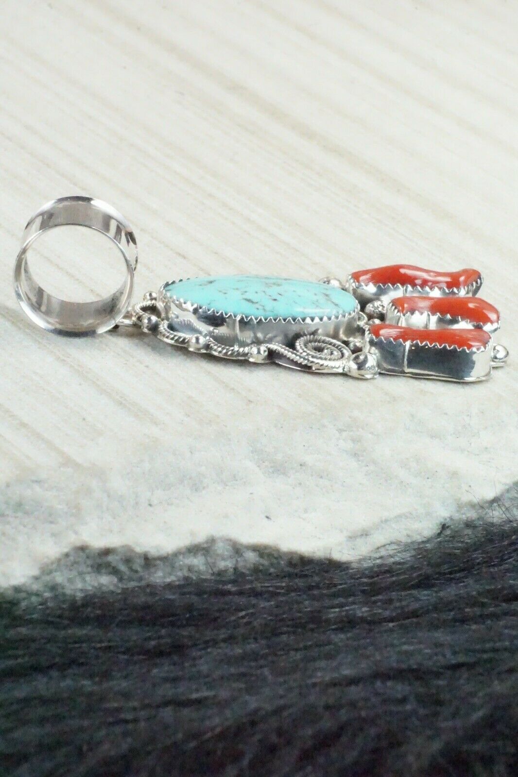Turquoise, Coral and Sterling Silver Pendant - Shirley Largo