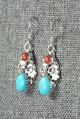 Turquoise, Coral and Sterling Silver Earrings - Roberta Begay