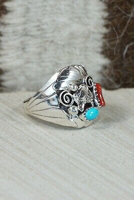 Navajo Turquoise, Coral & Sterling Silver Ring - Grace Smith - Size 12