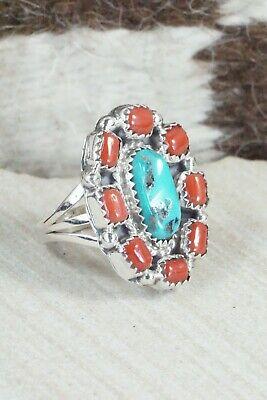 Turquoise, Coral & Sterling Silver Ring - Roberta Begay - 6.75 - High Lonesome Trading