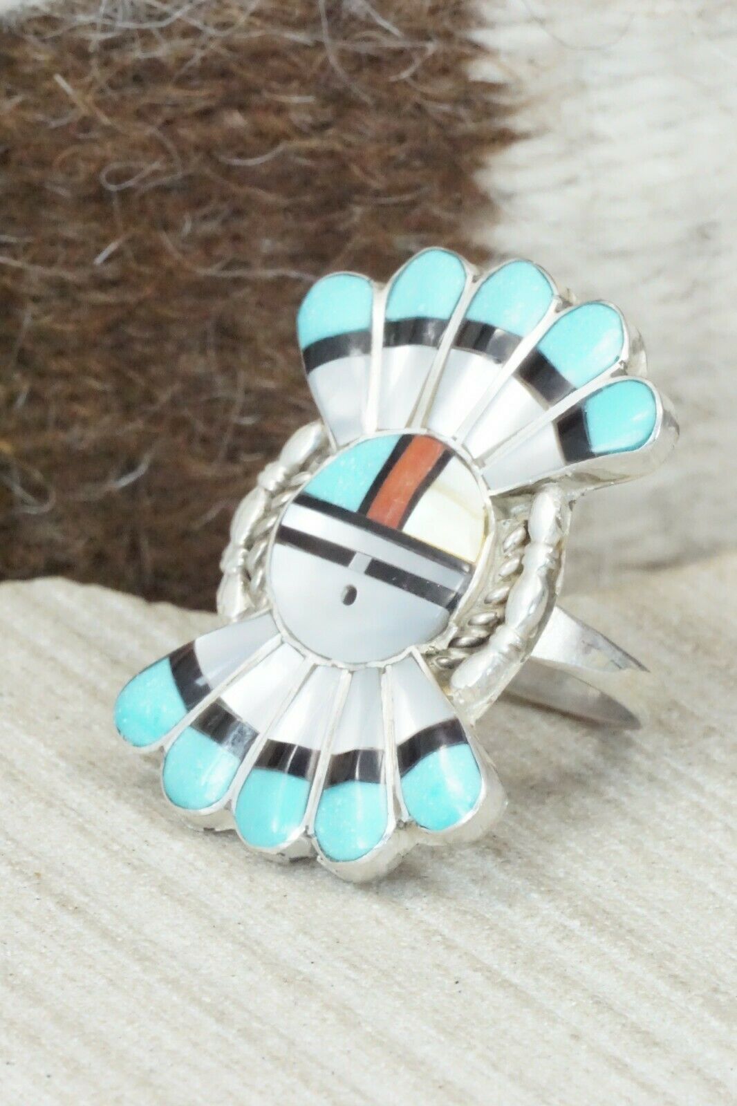 Multi Stone & Sterling Silver Inlay Ring - Verdell Niiha - Size 6.5