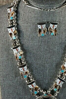 Zuni Inlay Owl Necklace and Sterling Silver Earring Set - Pitkin Natewa - High Lonesome Trading