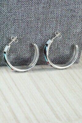 Multi Stone Inlay & Sterling Silver Hoop Earrings - Delberta Boone - High Lonesome Trading