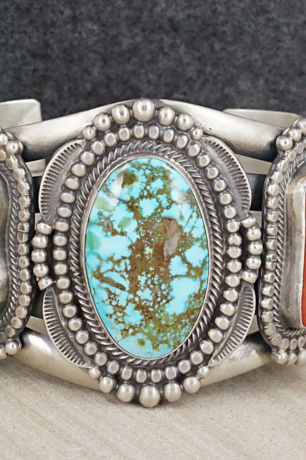 Turquoise, Coral and Sterling Silver Bracelet - Tom Lewis