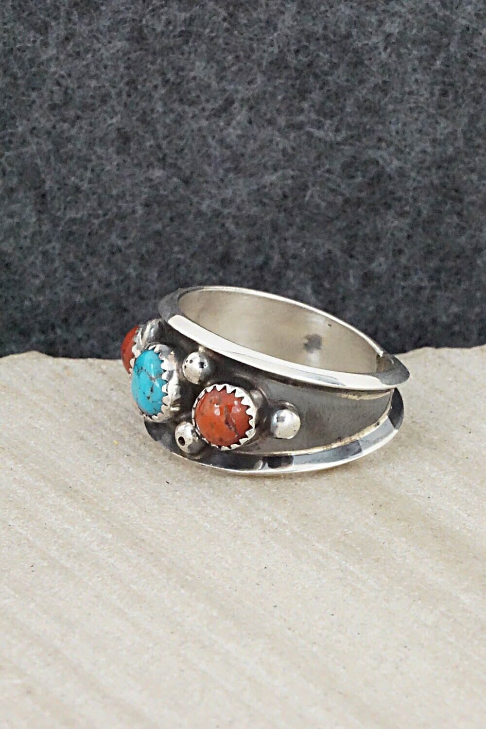 Turquoise, Coral & Sterling Silver Ring - Paul Largo - Size 9