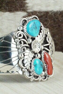 Turquoise, Coral & Sterling Silver Bracelet - Shirley Largo