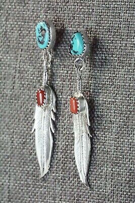 Navajo Turquoise, Coral & Sterling Silver Earrings - Annie Spencer