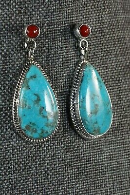 Navajo Turquoise and Coral Sterling Silver Earrings - Judy Largo - High Lonesome Trading
