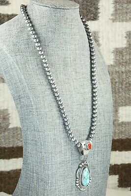 Turquoise, Coral Pendant & Sterling Silver Necklace - Tom Lewis
