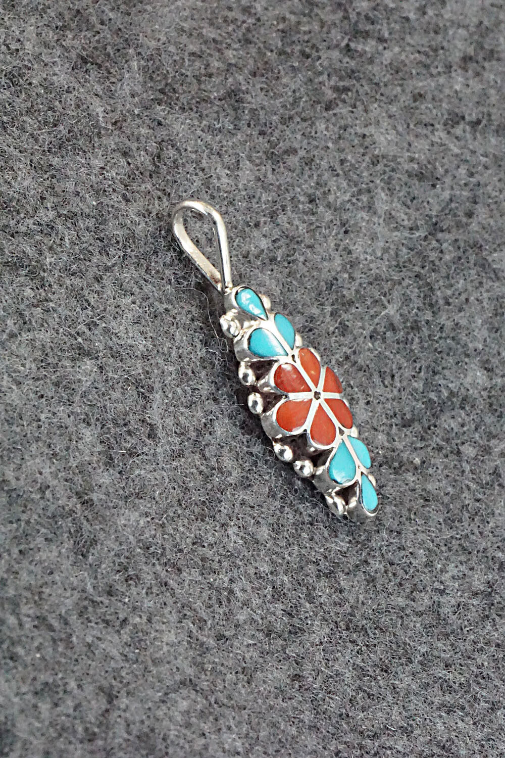 Turquoise, Coral & Sterling Silver Inlay Pendant - Bernadette Hattie