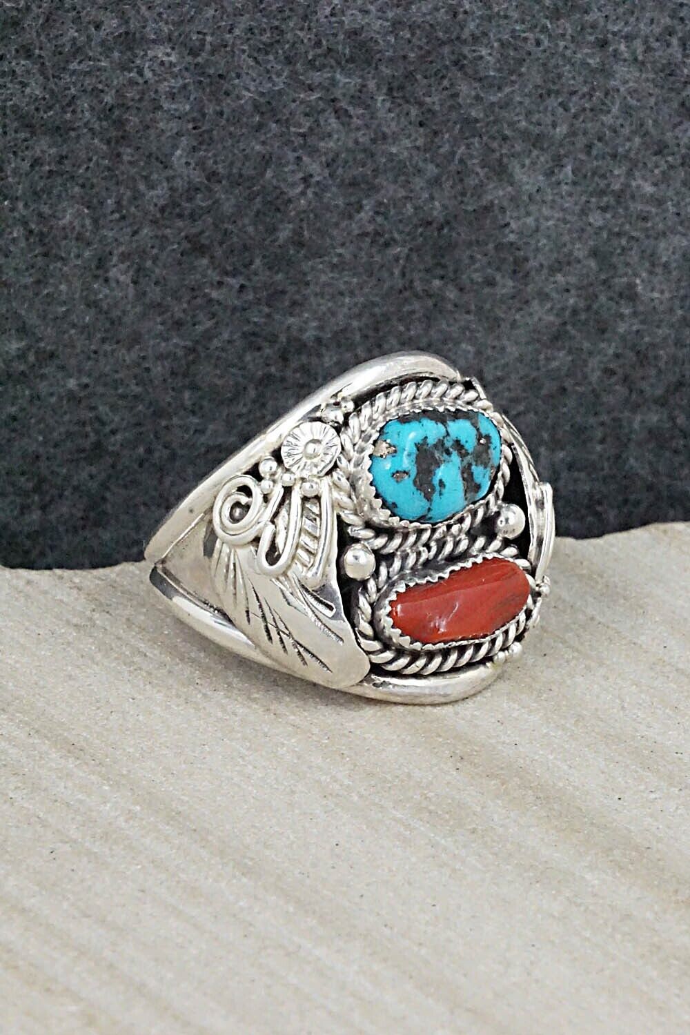 Turquoise, Coral & Sterling Silver Ring - Leonard Spencer - 12.5