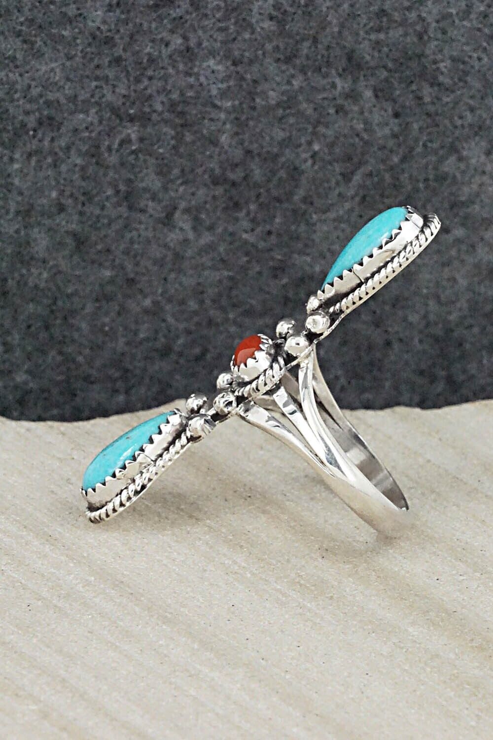 Turquoise, Coral & Sterling Silver Ring - Andrew Vandever - Size 7.75