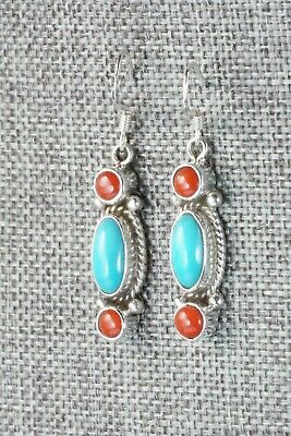 Turquoise, Coral and Sterling Silver Earrings - Navajo