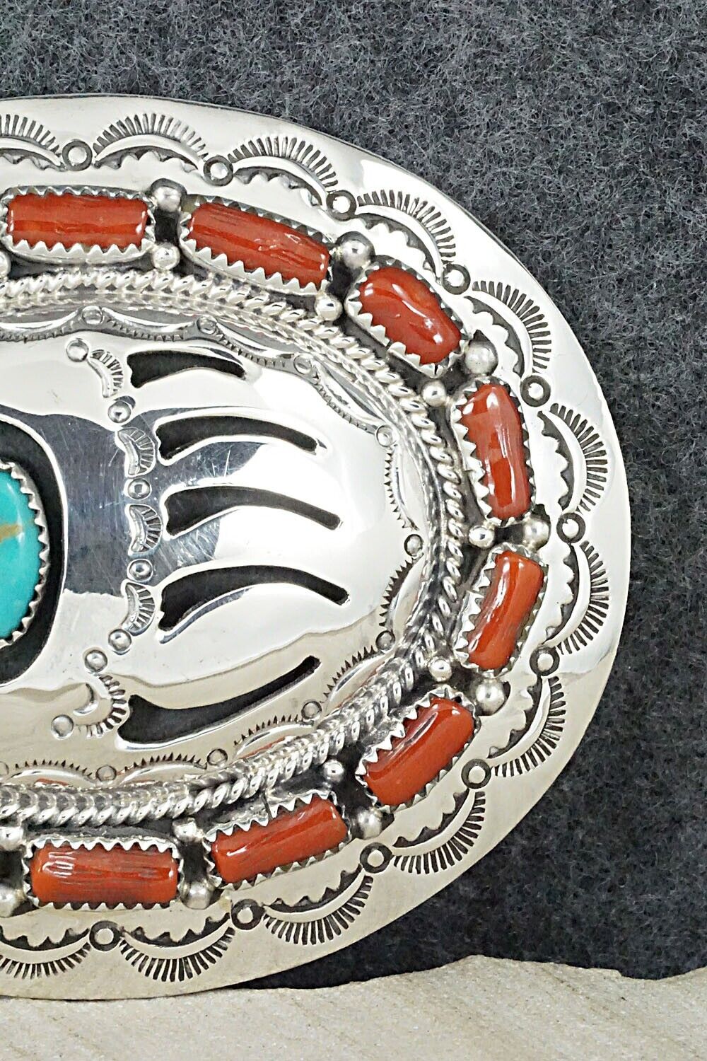 Turquoise, Coral & Sterling Silver Belt Buckle - Wilbert Muskett Sr.