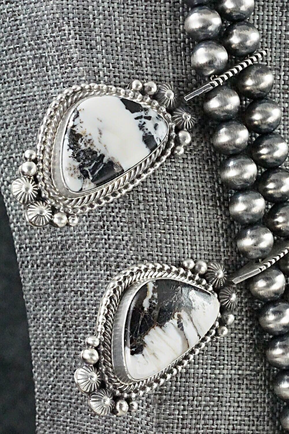 White Buffalo & Sterling Silver Squash Blossom Set - Tom Lewis