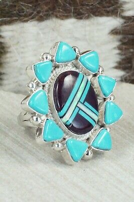 Turquoise, Spiny Oyster & Sterling Silver Ring - Leslie Lamy - Size 7.75