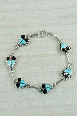 Zuni Turquoise, Onyx & Sterling Silver Heart Link Bracelet - Velda Nastacio