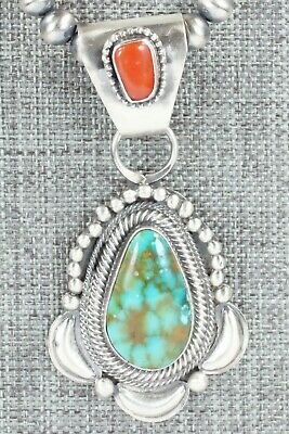 Turquoise, Coral Pendant & Sterling Silver Necklace - Tom Lewis