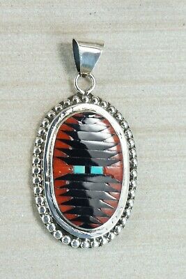 Zuni Inlay Coral & Sterling Silver Pendant - Charlotte Dishta