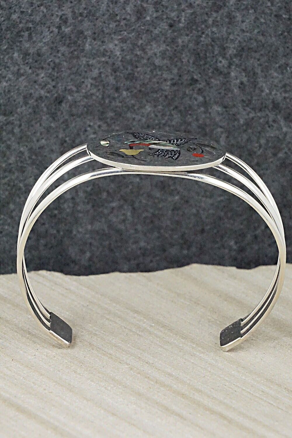 Coral, Onyx, Abalone Shell & Sterling Silver Bracelet - Derrick Edaakie