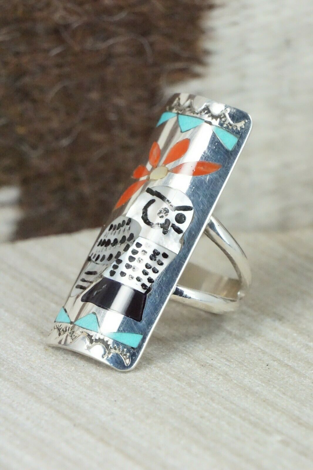 Multi Stone Inlay & Sterling Silver Ring - Quintin Quam Sr - Size 7.25