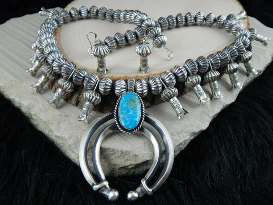 Turquoise & Sterling Silver - Navajo Squash Blossom & Earrings - Chris Hale - High Lonesome Trading