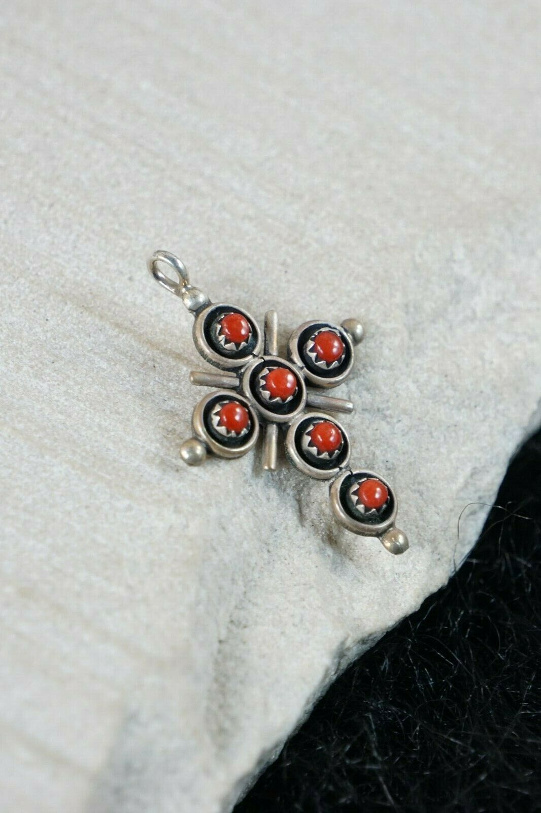 Zuni Coral & Sterling Silver Cross Pendant - Michael Boone - High Lonesome Trading