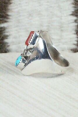 Turquoise, Coral and Sterling Silver Ring - Wilbur Myers - Size 9