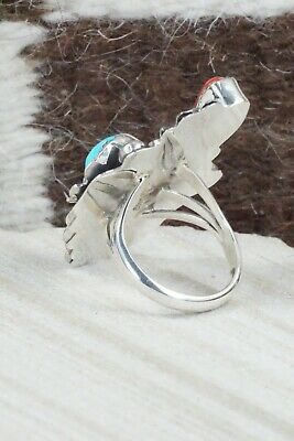 Turquoise, Coral & Sterling Silver Ring - Harry Yazzie - Size 7.5